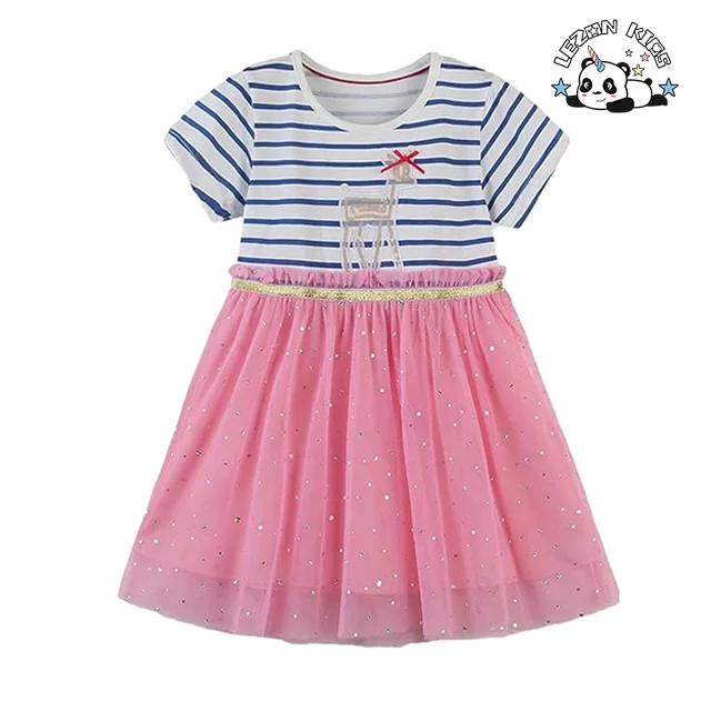 LEZONKIDS - Customized Logo Kids Cute Cartoon Printing Girls Tulle Dress Sequins Stripe For Summer